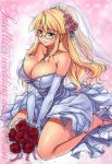  bare_shoulders blonde_hair blue_eyes blush bouquet breasts bridal_veil cleavage dress earrings elbow_gloves flower freezing freezing_(series) glasses gloves hair_flower hair_ornament high_heels highres huge_breasts jewelry kim_kwang_hyun kneeling large_breasts legs light_smile long_hair necklace official_art rose satellizer_el_bridget scan shoes sitting solo sparkle strapless_dress thighs veil wariza wedding_dress 