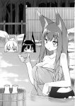  absurdres animal_ears arm_support bare_shoulders blush body_blush braid breast_envy breasts bubble bucket choko_(cup) flat_gaze fox_ears frown halftone highres kemonomimi kitsune_(poko) kitsunemimi kuromitsu_nene large_breasts long_hair moire momoyama_tsutsune monochrome multiple_girls naked_towel onsen original poco poko sake scan screentones stare tokkuri towel twin_braids water 