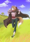  animal_ears anklet capri_pants cloak grass holo jewelry open_mouth painpa red_eyes running sash spice_and_wolf tail wolf_ears wolf_tail 