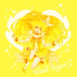 bike_shorts blonde_hair bowtie brooch character_name choker cure_peace dress jewelry kise_yayoi kneeling long_hair magical_girl precure roseria shoes shorts_under_skirt skirt smile smile_precure! solo wrist_cuffs yellow yellow_background yellow_dress yellow_eyes 