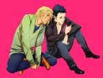  black_hair blonde_hair casual cellphone el_shaddai enoch green_eyes indian_style jeans lucifel_(el_shaddai) magatsumagic male multiple_boys phone pink_background red_eyes simple_background sitting 