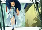  absurdres bamboo bamboo_forest blonde_hair blue_eyes clog_sandals fixed forest fox_tail highres japanese_clothes karakasa_obake kitsune_(poko) nature oriental_umbrella original poko scan short_hair solo standing tabi tail tongue tree_shade umbrella white_legwear 