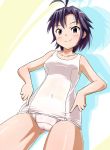  antenna_hair black_eyes black_hair from_below hips houming idolmaster idolmaster_2 kikuchi_makoto school_swimsuit short_hair swimsuit white_school_swimsuit wide_hips 