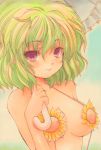  breasts bust flower green_hair highres kazami_yuuka large_breasts nishina_masato parasol red_eyes short_hair sling_bikini solo string_bikini sunflower swimsuit touhou umbrella 