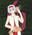  1boy 1girl bare_shoulders blue_eyes bob_cut bracelet brown_hair cabbie_hat cis_(tiger_&amp;_bunny) dark_skin dress ebitetsu expressionless facial_hair flat_color hairband hat hug hug_from_behind jewelry lunarclinic necktie red_eyes short_hair stubble tiger_&amp;_bunny vest waistcoat watch white_hair wristwatch 