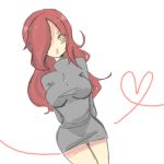  :&lt; arms_behind_back artist_request bare_legs breasts cross dutch_angle hair_over_one_eye heart heart_of_string large_breasts long_hair lowres parasoul parasoul_(skullgirls) red_hair redhead ritsu_neko skirt skullgirls solo sweater yellow_eyes 