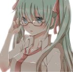  1girl aqua_eyes bespectacled glasses green_hair hair_ribbon hatsune_miku hiro_(hirohiro31) necktie ribbon solo twintails vocaloid white_background 