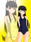  alternate_hairstyle animal_ears arms_behind_back bangs bare_shoulders black_hair blunt_bangs cat_ears eyepatch gradient gradient_background heterochromia highres hime_cut kenken long_hair looking_at_viewer official_style one-piece_swimsuit pink_eyes sakamoto_mio school_swimsuit smile solo standing strike_witches swimsuit white_school_swimsuit yellow_eyes zoom_layer 
