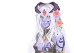  alisfieze_fateburn_xvi bare_shoulders breasts bust chibibro cleavage earrings facial_mark flower hair_flower hair_ornament highres horns jewelry lamia long_hair mon-musu_quest! monster_girl pointy_ears purple_skin solo tattoo very_long_hair white_hair yellow_eyes 