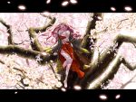  arm_support barefoot branch cherry_blossoms haori highres japanese_clothes letterboxed long_hair megurine_luka nail_polish off_shoulder open_mouth petals pink_hair profile shoudoubutsu sitting solo tree vocaloid 