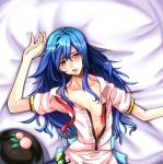  blue_hair blush food fruit hat hat_removed headwear_removed hinanawi_tenshi long_hair navel no_bra on_back open_clothes open_mouth open_shirt pandora-ex peach red_eyes solo touhou 