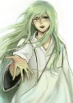  androgynous enkidu_(fate/strange_fake) fate/strange_fake fate_(series) green_eyes green_hair long_hair male outstretched_hand robe seojung solo 
