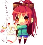  :3 blush bow chibi chocolat_(momoiro_piano) hair_bow hina_hina holding kyubey long_hair long_sleeves mahou_shoujo_madoka_magica open_mouth ponytail red_eyes red_hair redhead sakura_kyouko shirt shorts smile standing translated translation_request 