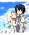  1boy 1girl ano_hi_mita_hana_no_namae_wo_bokutachi_wa_mada_shiranai black_hair bridal_veil brown_eyes couple dress formal hetero honma_meiko long_hair nanashiki necktie short_hair silver_hair suit v veil wedding wedding_dress yadomi_jinta 