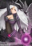  blade bodysuit breasts cleavage cleavage_cutout energy_ball irelia league_of_legends long_hair red_eyes solo tonnelee white_hair 