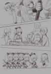  4girls beret clone comic die_(artist) drill_hair fang flashback hat kyouko&#039;s_father_(madoka_magica) kyouko&#039;s_mother_(madoka_magica) kyouko's_father_(madoka_magica) kyouko's_mother_(madoka_magica) long_hair mahou_shoujo_madoka_magica monochrome multiple_girls polearm ponytail rosso_fantasma sakura_kyouko sakura_momo short_hair siblings sisters smile spear thighhighs tomoe_mami translation_request twin_drills weapon 