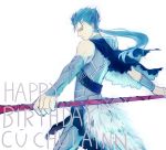  adapted_costume bad_id bare_shoulders belt birthday blue_hair cape fate/stay_night fate_(series) gae_bolg highres hocus4411 lancer long_hair male polearm ponytail red_eyes solo spear weapon 