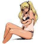  bikini blonde_hair blue_eyes breasts cleavage copyright_request cozy freckles holding_arm lips long_hair navel side-tie_bikini sitting sketch solo swimsuit tan tanline twintails 