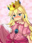  1girl age_regression bare_shoulders blonde_hair blue_eyes blush crown crying crying_with_eyes_open dress dress_lift earrings flat_chest gloves heart jewelry magister_(bigbakunyuu) pink_dress princess_peach single_glove solo super_mario_bros. tears white_gloves young 