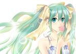  bad_id flower fujisaki_yui green_eyes green_hair hair_ribbon hatsune_miku looking_at_viewer ribbon simple_background solo twintails vocaloid 