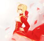  blonde_hair braid breasts chibibro fate/extra fate_(series) french_braid green_eyes hair_ribbon hands_on_hips highres large_breasts petals ribbon saber_extra sideboob smile solo 