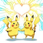  &lt;3 blue_eyes electricity good_frog heart holding_hands jumping no_humans open_mouth pikachu pokemon pokemon_(creature) simple_background smiling 