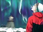  aurora barnaby_brooks_jr blonde_hair breath goggles goggles_on_head green_eyes hat jacket lighthouse makuragaeshi male no_glasses red_jacket snow solo tiger_&amp;_bunny winter_clothes 
