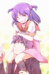  brother_and_sister butler carrying grin hayate_no_gotoku! hitaishou_chiritori pointing purple_hair school_uniform segawa_izumi segawa_kotetsu serafuku short_hair shoulder_carry siblings smile twintails 