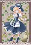  blonde_hair blush book bow braid broom character_name choco_(pixiv29111) curiosities_of_lotus_asia frills hair_bow hat hat_bow kirisame_marisa open_mouth short_sleeves side_braid single_braid solo touhou witch witch_hat wrist_cuffs yellow_eyes 