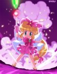  blonde_hair blush bow cape dress flower_tact green_eyes hair_bow hana_no_mahoutsukai_mary_bell heartcatch_precure! long_hair low-tied_long_hair magical_girl mary_bell parody pink pink_background pink_dress precure serious shisui shoes skirt wand 