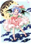  apron bad_id bat_wings blue_hair bobby_socks brooch fang fujishima_shinnosuke hat jewelry outstretched_arms red_eyes remilia_scarlet short_hair smile socks solo spread_arms star touhou wings 