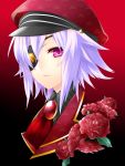  alternate_costume bad_id bust eyepatch flower highres looking_at_viewer pink_eyes purple_hair remilia_scarlet rose short_hair solo touhou yutazou 