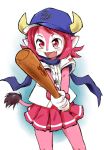  baseball_jersey buffalo_bell clothes_writing gloves hat highres horns konkon mascot nippon_professional_baseball open_mouth orix_buffaloes pink pink_eyes pink_hair pleated_skirt short_hair skirt smile solo tail 