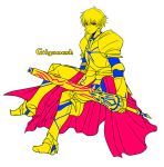  armor bad_id blonde_hair character_name ea_(fate/stay_night) earrings fate/zero fate_(series) flat_color gilgamesh hair_down jewelry male red_eyes sitting solo uka_(color_noise) weapon yellow 