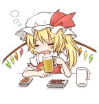  ascot beer_mug blonde_hair blush closed_eyes dress drunk eyes_closed fang flandre_scarlet food hachimi hat hat_ribbon open_mouth plate red_dress ribbon shirt solo touhou wavy_mouth wings 