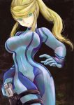  aqua_eyes blonde_hair blue_eyes bodysuit breasts cowboy_shot curvy female gun holster large_breasts long_hair metroid metroid:_other_m metroid_other_m nintendo payot ponytail ru-moiikedoraisumone samus_aran skin_tight solo thigh_strap weapon zero_suit 