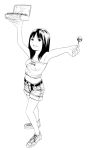  bare_shoulders belt black_hair long_hair midriff monochrome original shorts sketch smile takoyaki yoshitomi_akihito 