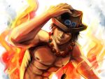  abs beads black_hair brown_eyes fire freckles hand_on_hat hat jewelry magatsumagic male muscle necklace nipples one_piece portgas_d_ace sad_face shirtless smiley_face solo topless 