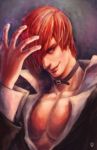  collar evil_grin evil_smile fire fundoshi_(tofupoid) grin hair_over_one_eye king_of_fighters male purple_fire realistic red_eyes red_hair redhead short_hair smile snk solo yagami_iori 