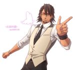  bespectacled bracelet brown_eyes brown_hair butterfly facial_hair glasses jewelry kaburagi_t_kotetsu male necktie palette_swap pointing ring short_hair solo stubble tiger_&amp;_bunny vest waistcoat watch wedding_band wink wristwatch 