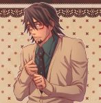  alternate_costume bespectacled blush brown_eyes brown_hair facial_hair glasses jewelry kaburagi_t_kotetsu lunarclinic male necktie ring solo stubble sweatdrop sweater tiger_&amp;_bunny wavy_mouth wedding_band 