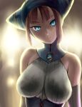 bare_shoulders blue_eyes breasts breath_of_fire breath_of_fire_v brown_hair bust hat head_tilt highres large_breasts lin_(breath_of_fire) looking_at_viewer solo ueyama_michirou