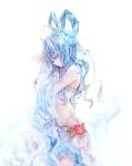  blue_eyes blue_hair cercis flower hair_ornament kaku_seiga midriff mouth_hold navel pointy_ears simple_background solo touhou white_background 