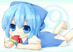  blue_eyes blue_hair cirno food fruit lying on_stomach popsicle sad_fuka short_hair solo touhou watermelon 