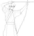  archery arrow bow_(weapon) fate/zero fate_(series) gilgamesh highres japanese_clothes kyuudou lineart male monochrome seojung solo weapon yugake 