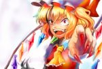  akatsuki_hiro ascot blonde_hair fangs fingernails flandre_scarlet hat highres open_mouth red_eyes side_ponytail solo touhou wings 