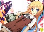  ahoge alternate_hairstyle bag blonde_hair blue_eyes casual dutch_angle hair_down highres kikuchi_seiji konoe_subaru long_hair mayo_chiki! open_mouth smile solo title_drop 