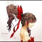  bare_shoulders bow brown_hair bust butterfly character_name earrings flower hair_bow hair_tubes hakurei_reimu highres jewelry letterboxed long_hair no_mouth payot ponytail profile red_eyes ribbon shimeji_hachi solo touhou 
