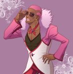  dark_skin earrings fingernails jewelry lunarclinic male nathan_seymour pink_eyes pink_hair purple_background short_hair simple_background solo sunglasses tiger_&amp;_bunny 