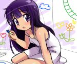  1girl :o arm_support character_request child child_drawing crayon drawing dress kneeling long_hair looking_at_viewer off_shoulder open_mouth original purple_eyes purple_hair sagamimok sketch strap_slip sundress violet_eyes 
